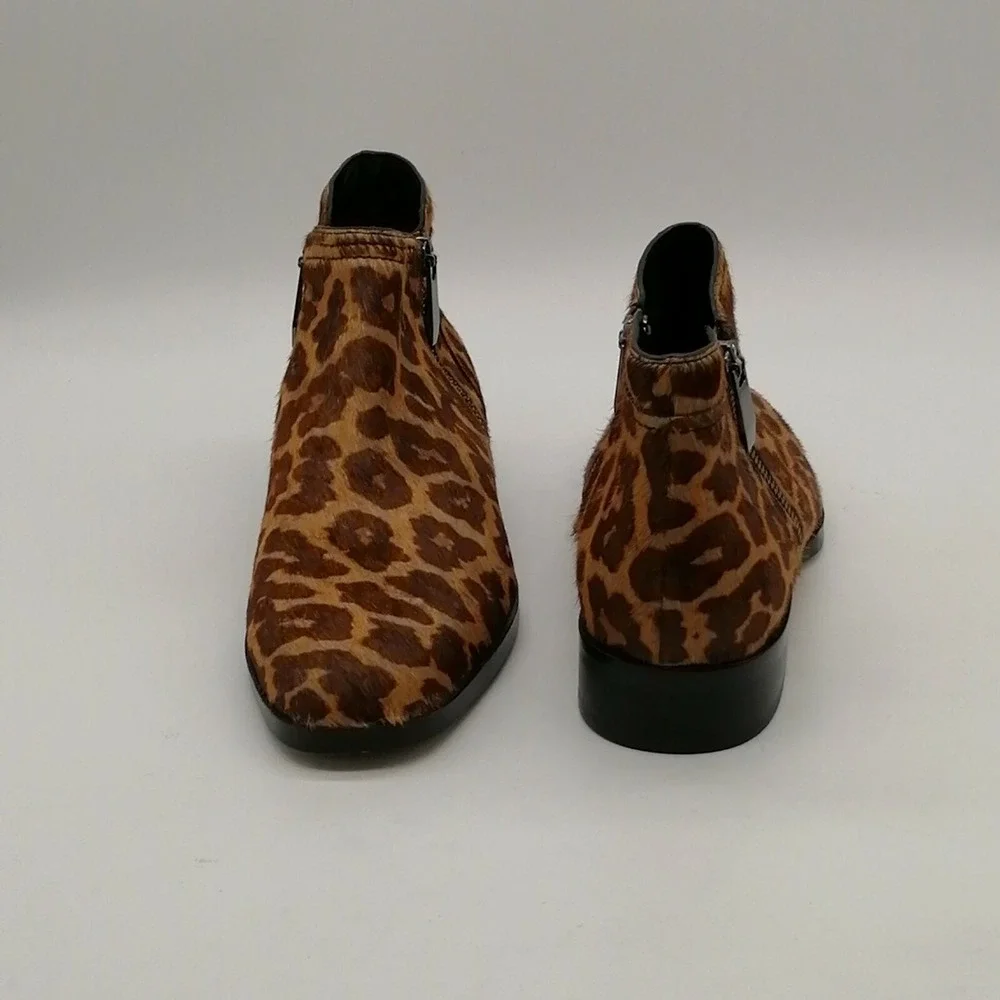 27 Edit Shoes Womens Capree Brown Leopard 7.5 Cow Fur Ankle Boot Dual Zip NEW‎
